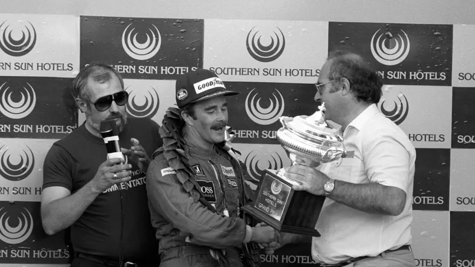 South African Grand Prix Kyalami 19th October 1985 
Podium, Nigel Mansell Williams FW10 wins the race Keke Rosberg Williams FW10 is 2nd and Alain Prost Mclaren MP4/2b 3rd
© Formula One Pictures / Picture by John Townsend.  jt@f1pictures.com www.f1pictures.com.
