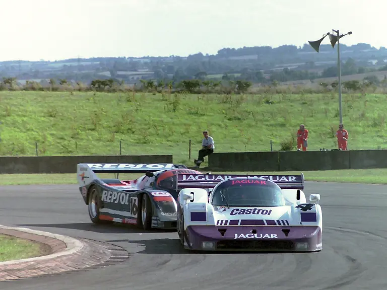 Andy Wallace and Jan Lammers drive No.4 at the 1990 Donington World Sports Prototype Championships.