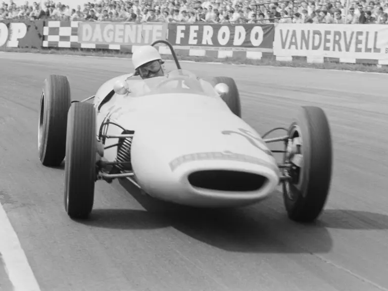 Stirling Moss behind the wheel of chassis no. 918 (race #26) at the 1961 Silver City Trophy non-championship F1 event held at Brands Hatch.
