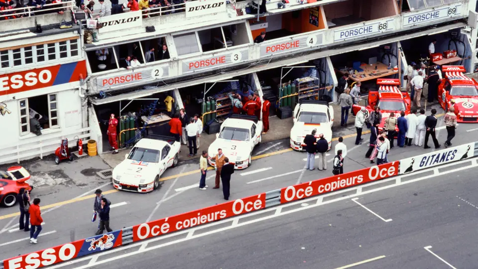 The Porsche 924 team at the 1980 24 Hours of Le Mans. #2 driven by Andy Rouse and Tony Dron, #3 (Chassis no. 924003) driven by Derek Bell and Al Holbert, and #4 driven by Jürgen Barth and Manfred Schurti.