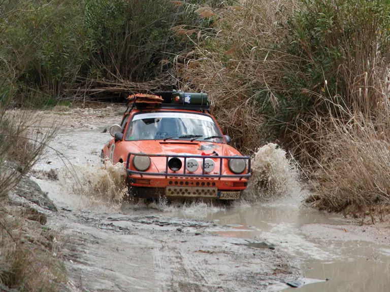 The Porsche is pictured participating in the off-road Spain Classic Raid in 2016.