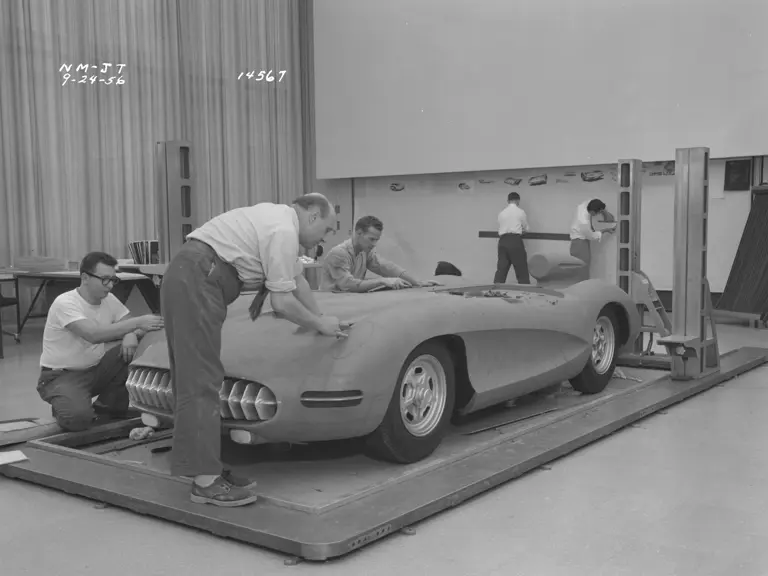 Full scale clay model being completed of Project XP-64, the Corvette SS.