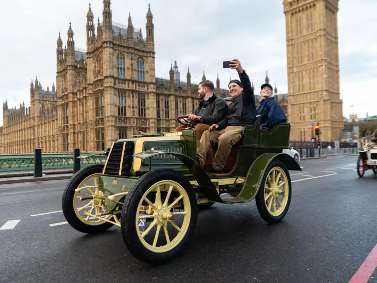 The Boyer crosses Westminster Bridge during the 2023 edition of the London to Brighton Veteran Car Run.