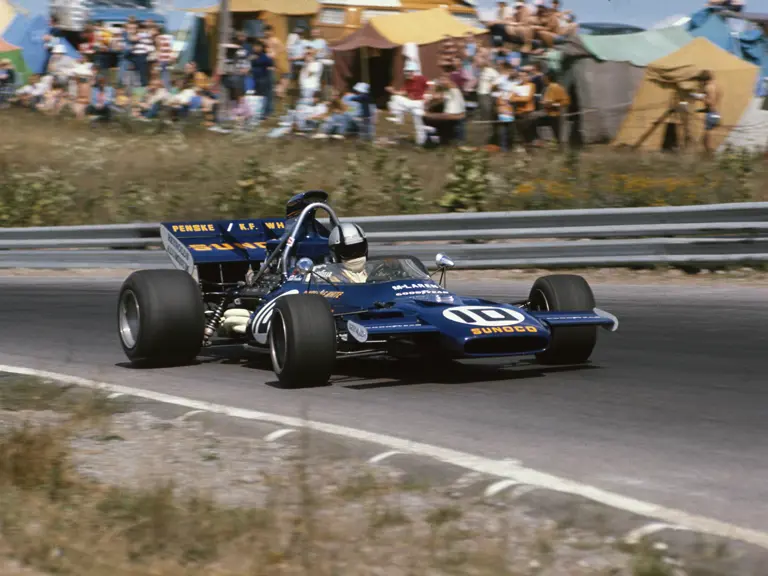 Entered into the 1971 Canadian Grand Prix, this McLaren M19a sported a distinctive Penske/K.F. White Sunoco livery for just two races. Driven by Mark Donohue, the car crossed the line in 3rd place.