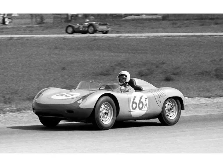 Wuesthoff with the uncommen #66 on the doors at Road America in Elkhart Lake in September 1962.