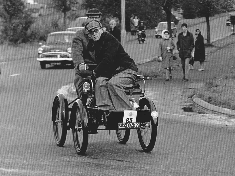 With former owner Bob Steffalaar, the trike often made the journey from the Netherlands to enter the London Brighton Veteran Car Run. It is pictured here in 1967.