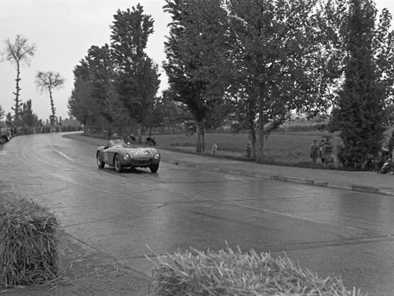 Chassis 0406 MD, still wearing its original Pinin Farina Spider coachwork, at the 1954 Mille Miglia. There, Cortese and Perruchini drove the Mondial to a 4th in class and 14th overall finish.