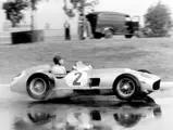 Juan Manuel Fangio (#2) drives W 196 R chassis number 00009/54 in a training run ahead of the 1955 Buenos Aires Grand Prix. For this race, run in an unusual two-heat format, the W 196 R was fitted with a 3-liter engine from the 300 SLR.