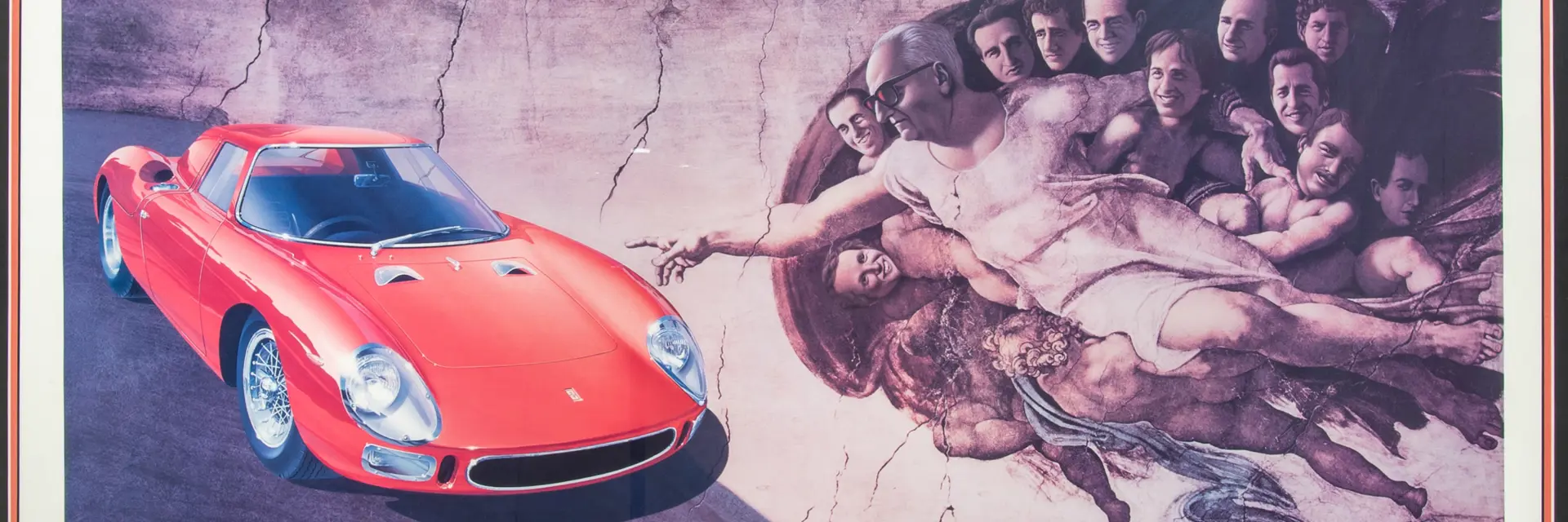 A framed print image similar to Michelangelos fresco the creation of adam with enzo ferrari wearing a white tshirt posed as god extending his finger out to a ferrari car in place of the titular Adam. Surrounding enzo are 11 headsfaces belonging to some of the most notable drivers for Ferrari including Alberto Ascari Jody Scheckter Alain Prost Mario Andretti Nigel Mansell etc.