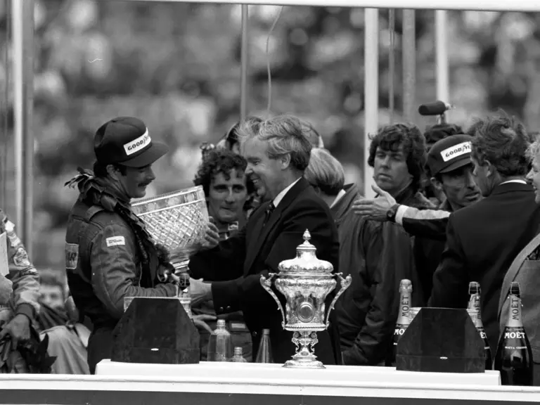19th - 21st July 1985 European Grand Prix, Brands Hatch England. 
Podium Nigel Mansell Williams FW10 wins the race, Ayrton Senna Lotus Renault 97T is 2nd and Keke Rosberg Williams FW10 3rd Alain Prost Mclaren MP4/2b is 4th and wins the world championship.
© Formula One Pictures / Picture by John Townsend. tele (+36)26 322 826 mobile (+36)70 776 9682 www.f1pictures.com. UK VAT number 221 9053 92