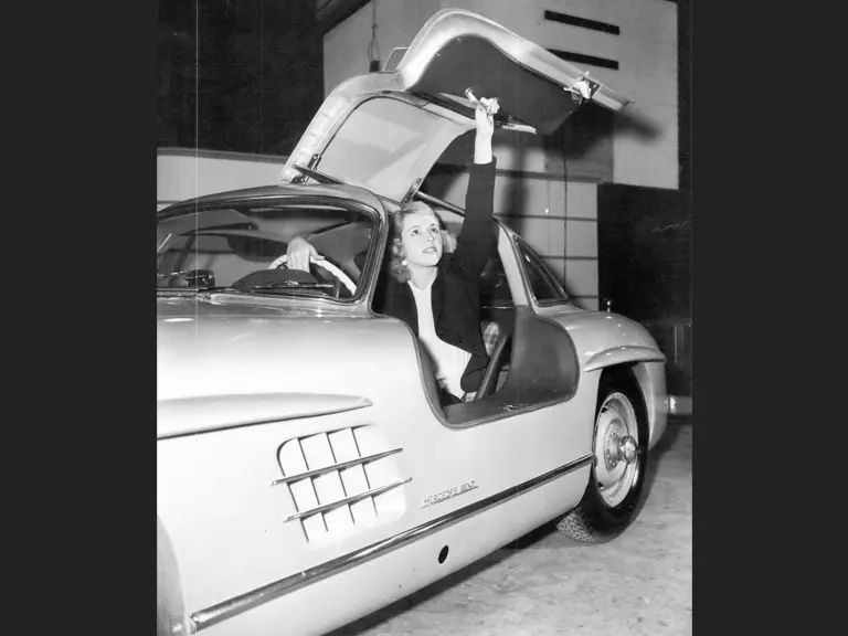 The 300 SL Gullwing is displayed on the Mercedes-Benz stand at the 1954 Earls Court Motor Show.