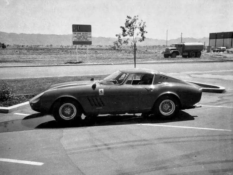 The Ferrari is captured outside the Grand Touring Cars Inc dealership of Harley Cluxton III in Phoenix, Arizona in the early-to-mid 1970s.