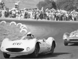 Jim Hall leading Dan Gurney’s Lotus 19 at the LA Times GP at Riverside, October, 1961.