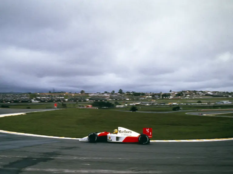 Chassis number MP4/6/1 racing to victory at the 1991 Brazilian Grand Prix, driven by Ayrtona Senna.