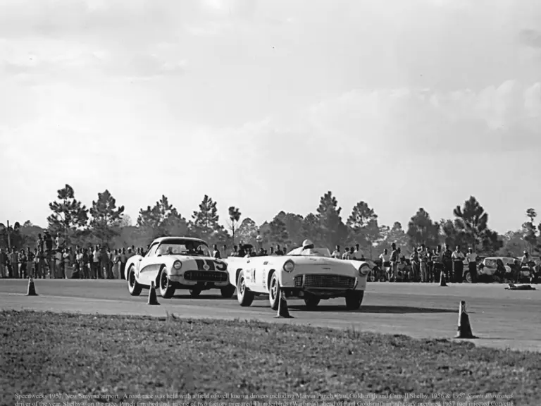 Marvin Panch in the #58 Battlebird leading a corvette at the 1957 New Smyrna airport "Road Race" where it finished second behind Caroll Shelby's Ferrari.