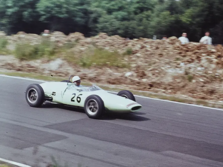 Stirling Moss behind the wheel of chassis no. 918 (race #26) at the 1961 Silver City Trophy non-championship F1 event held at Brands Hatch.