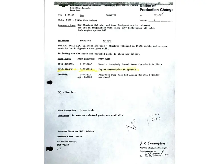 NPC C69-39 issued 23 July 1968, Creates RPO-ZL-1 option requiring mandatory option RPO L-88.  Effective date at St. Louis plant is 9 December 1968. 