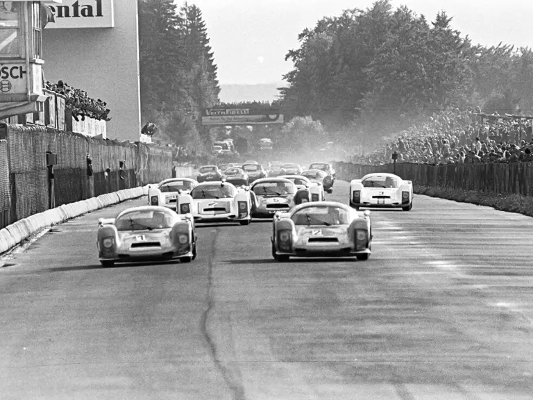 Starting on the front row of the grid, Ben Pon fights to lead the pack at the 1966 Grand Prix of Germany.