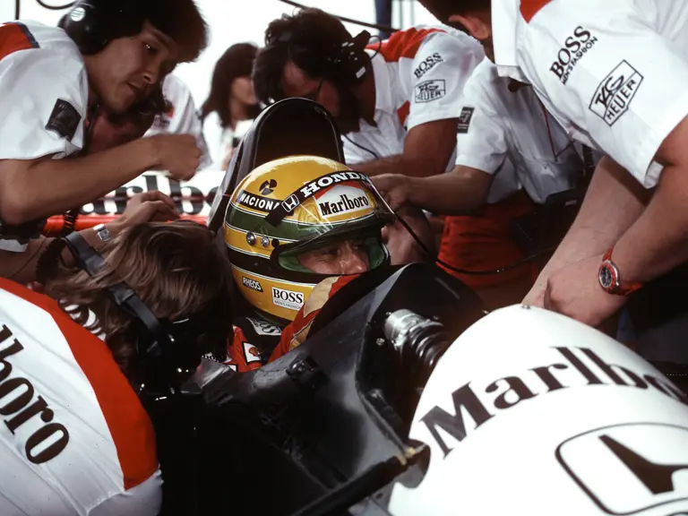 Ayrton Senna sitting in chassis number MP4/6/1 just prior to the 1991 Brazilian Grand Prix.