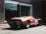 P/1032 at Luigi Chinetti’s Ferrari dealership in Greenwich, Connecticut, following the 1966 24 Hours of Le Mans. Photo taken in the summer of 1966, prior to P/1032’s return to Europe for display at auto shows. Note that the green DayGlo patches as used during Le Mans, which were prone to fading, had already been refinished in red.