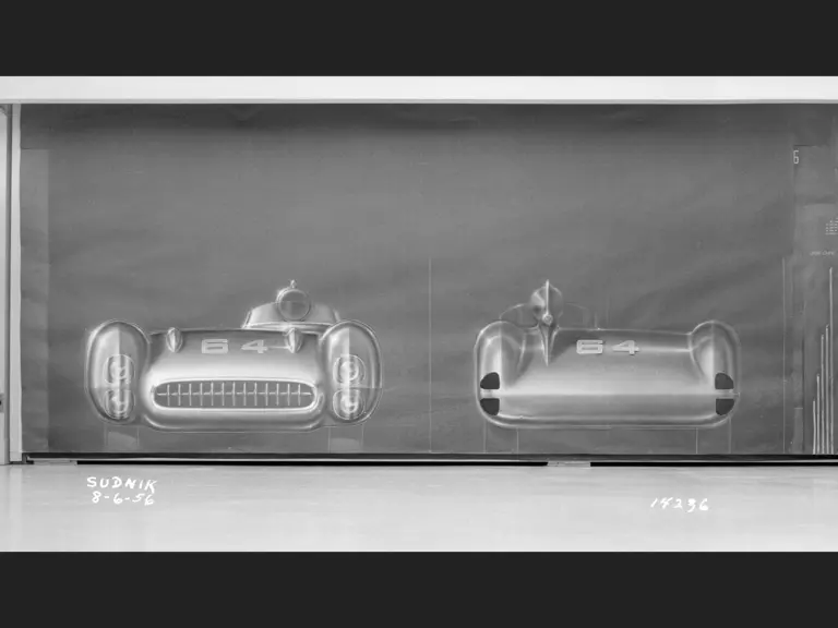 Full scale front and rear drawings of the proposed design for Project XP-64, the Corvette SS.