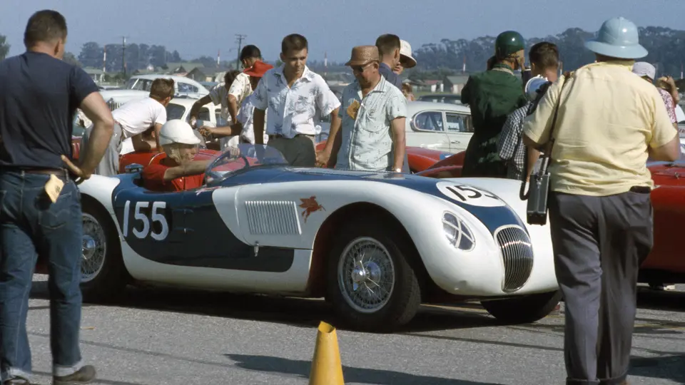 Harold Erb behind the wheel of XKC 024 at Goleta Airport in Santa Barbara, California, September 1955.