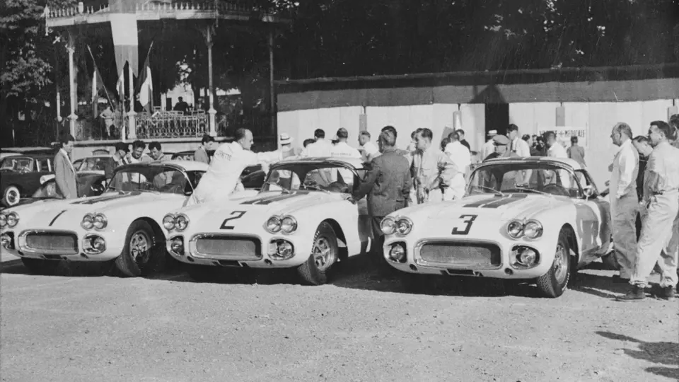 The three Cunningham Corvette entries going through scrutineering at Le Mans, 1960.