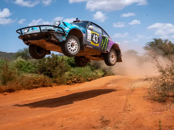 The Tuthill-prepared Porsche 911 SC 'Safari' on the 2022 East African Safari Classic, driven by Ken Block.