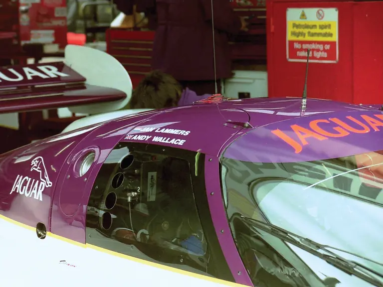 The No.4 Jaguar, driven by Jan Lammers and Andy Wallace, places 2nd at the 1990 Silverstone World Sports Prototype Championship.