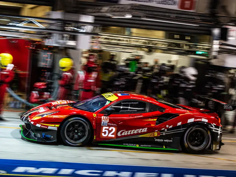 The 488 GTE Evo heads for an evening pitstop at the Circuit de la Sarthe.