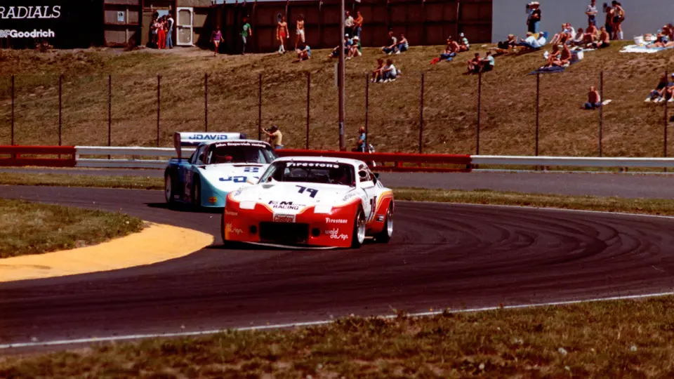 The Winters/Bergstrom Porsche 924 GTR leads the Porsche 935 of John Fitzpatrick Racing in the 1983 3 Hours of Portland.