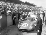 Chassis no. 5893 following the 1965 24 Hours of Le Mans where it achieved a first overall finish for Luigi Chinetti’s NART team. Masten Gregory behind the wheel, co-driver Jochen Rindt on the roof.