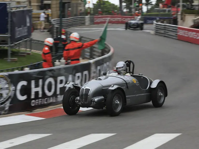 The Frazer Nash races through Casino Square at the 9th Grand Prix Historique Monaco in 2014.