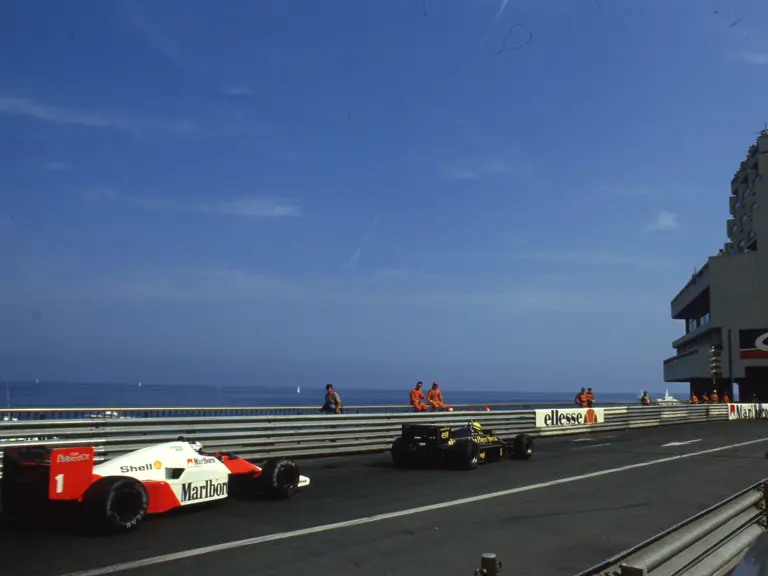 Ayrton Senna leads Alain Prost during the 1986 Monaco Grand Prix.