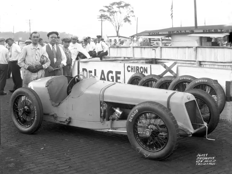 Louis Chiron and crew prepare his Delage for the 17th International 500-Mile Sweepstakes at the Indianapolis Motor Speedway, 1929