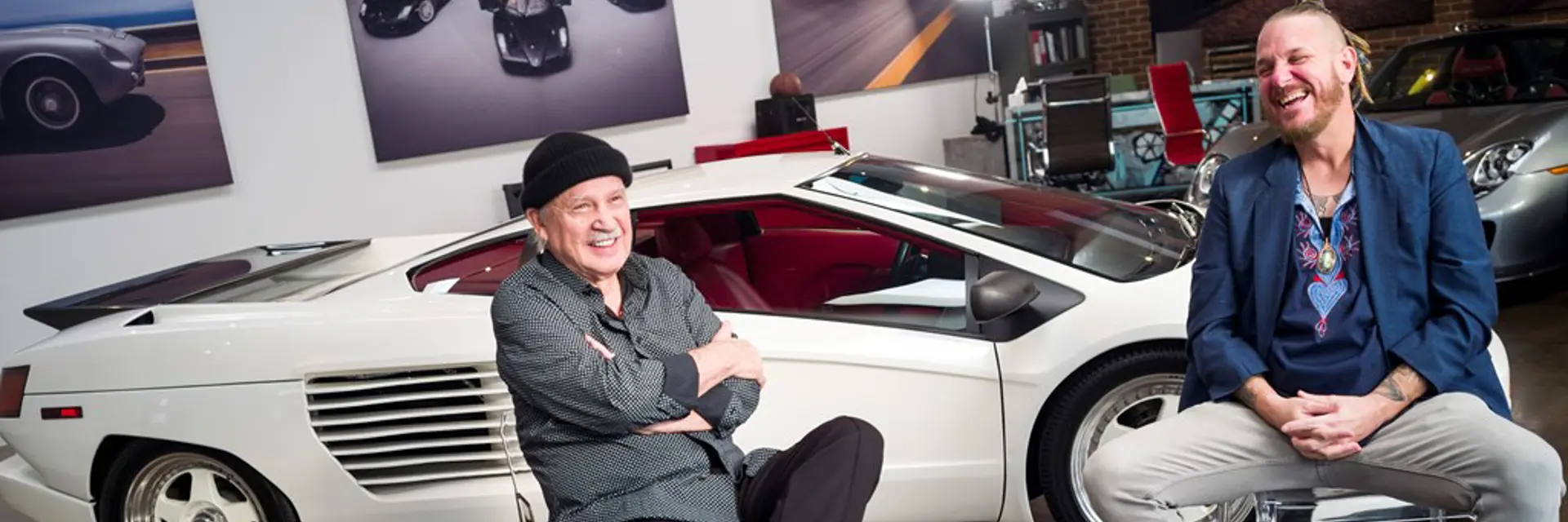Moroder and Thomas in front of the 1988 CizetaMoroder V16T offered at RM Sothebys Arizona live auction 2022