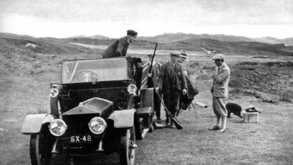 The Rolls-Royce is pictured in period on a shooting trip.