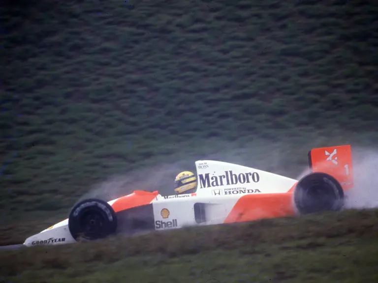 Ayrton Senna races through the rain to victory at the 1991 Brazilian Grand Prix