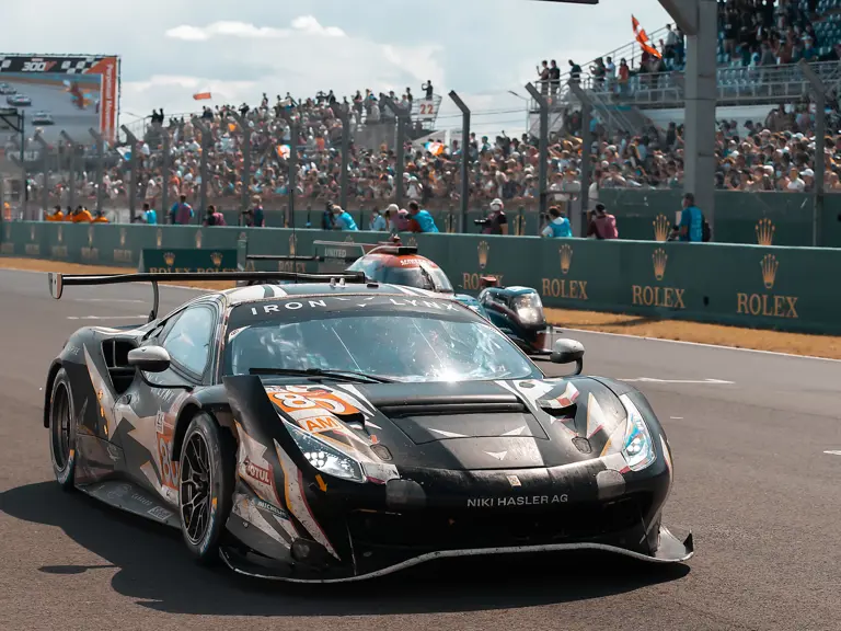 Chassis 3858 poses at the 2021 24 Hours of Le Mans Start-Finish line following a 3rd in Class finish in GTE AM.