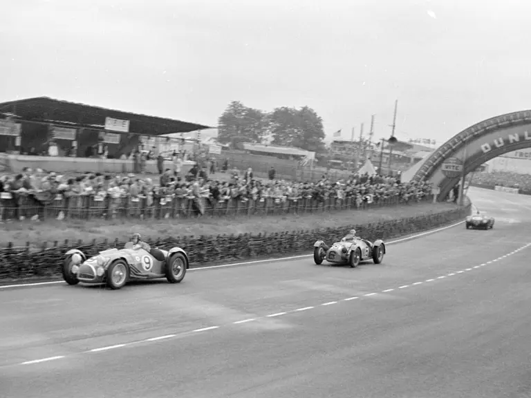 The Mairesse / Meyrat Talbot T26 Grand Sport emerges from the famous Dunlop Bridge at Le Mans in 1951.