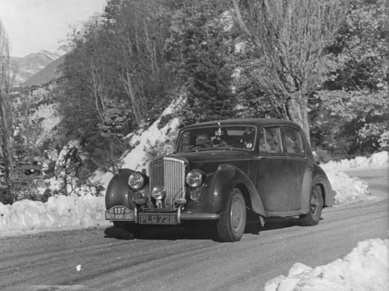 Mike Couper meanders through the corners in his Bentley R-Type Saloon at the 1953 Monte Carlo Rallye.