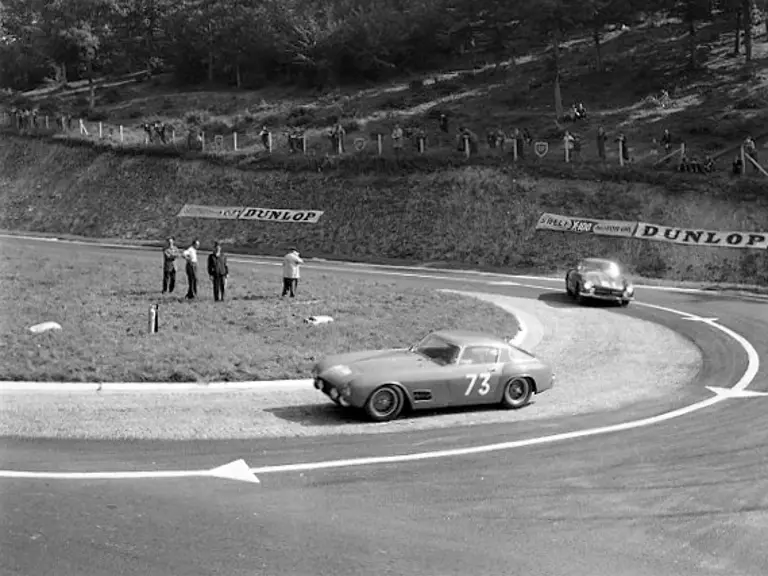 Chassis 0557 GT leads a 300 SL Gullwing during the 1956 Tour de France, which Alfonso de Portago would go on to win.