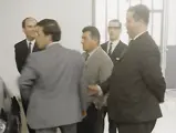 Ferruccio Lamborghini at the Lamborghini factory with the owner of the 400 GT in 1967.