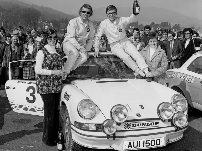 Cathal Curly celebrating his victory at the 1974 Circuit of Ireland Rally.