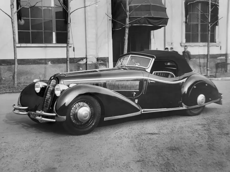 Chassis 412011 is pictured in at Alfa Romeo’s Portello factory in March 1938, then wearing its distinguishable Nowack coachwork.