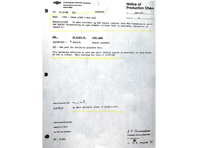 NPC C69-299 issued 26 November 1968, noting availability of L-88 type engine with M40 automatic using existing "closed chamber" cylinder head. References "wire of 21 November 1968".