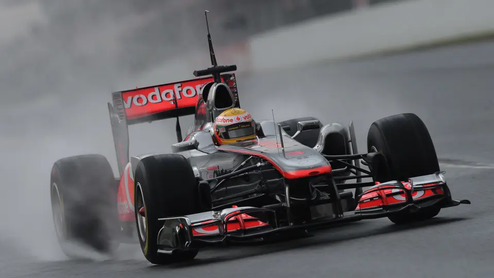 Lewis Hamilton at speed during pre-season Formula 1 testing in Barcelona in February 2011.