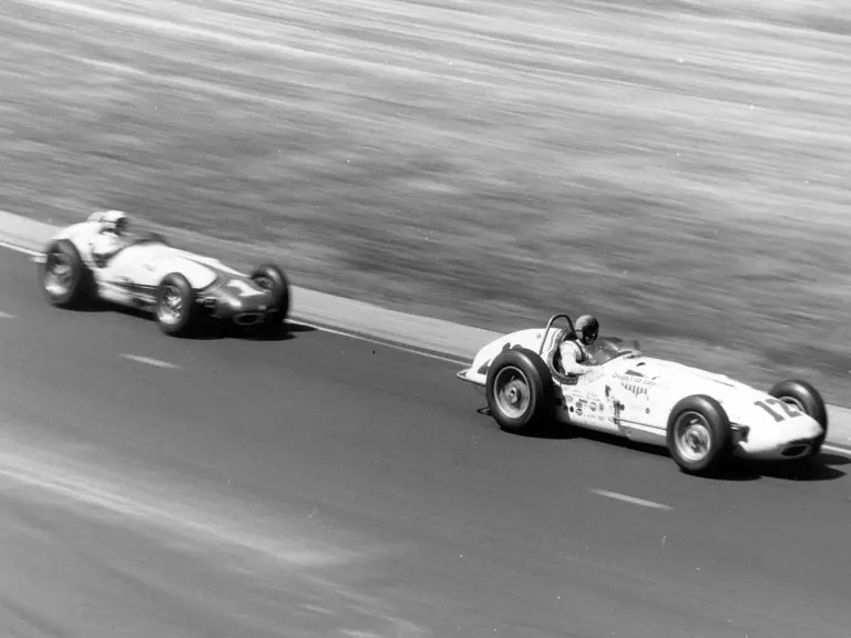 Eddie Sachs leads A.J. Foyt in the 1961 Indianapolis 500, only to finish 2nd to Foyt after having to pit for a new tire with three laps to go.