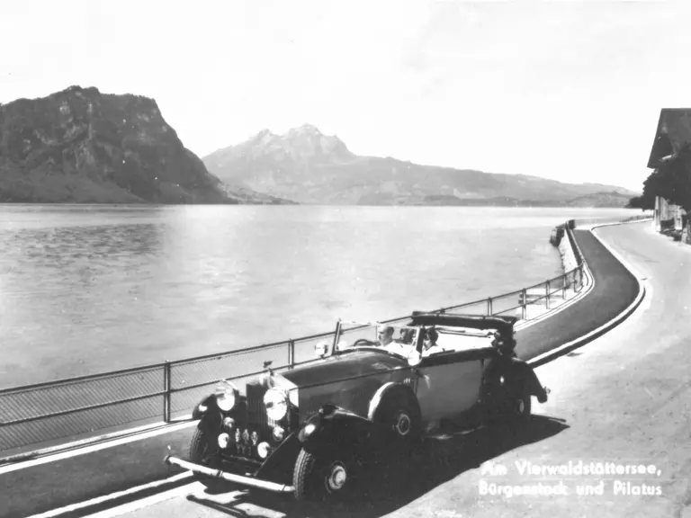 It is believed that the Rolls-Royce was used for early promotional activity, and is seen here overlooking Lake Lucerne.