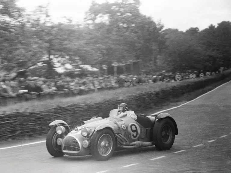 Chassis 110059 roars by at the Circuit de la Sarthe in the 1951 24 Hours of Le Mans, en route to finishing 2nd overall.
